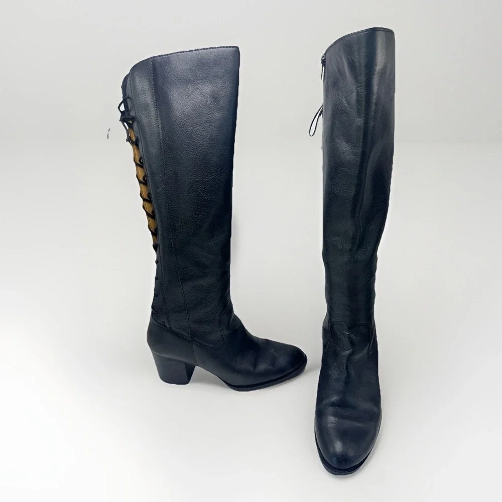 Sofft Wheaton Black Leather Knee High Lace Up Back Riding Boots 9.5 M 1433601